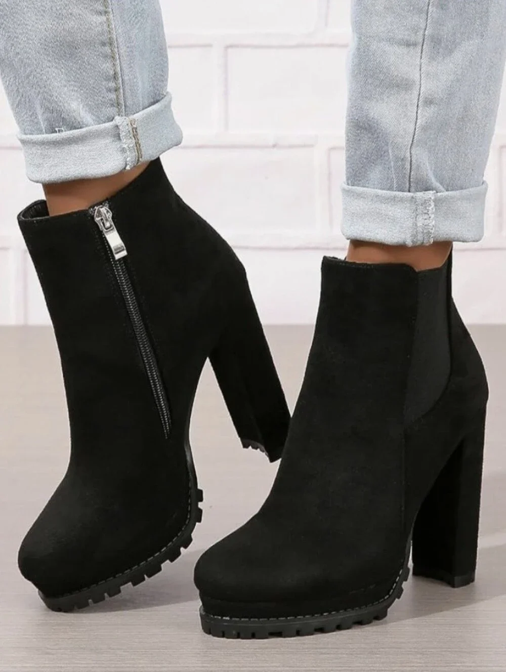 NIB Platform Chunky Block Heel Lug Sole Chelsea Boot | Black Suede | 8
